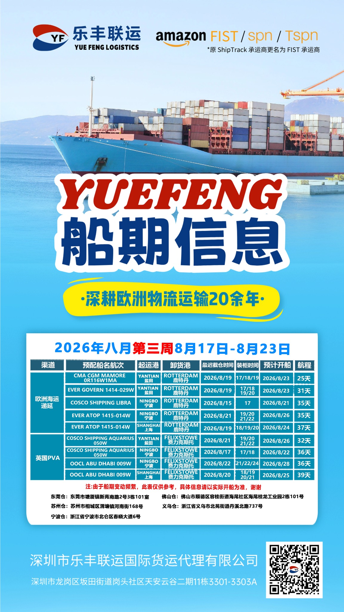 乐丰联运2026年第34周欧洲海运及英国PVA排柜计划