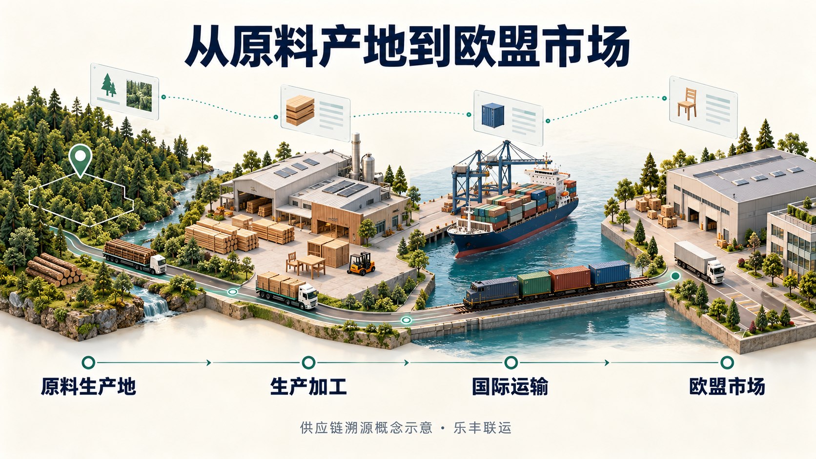 原料生产地经生产加工、国际运输至欧盟市场的供应链溯源概念示意
